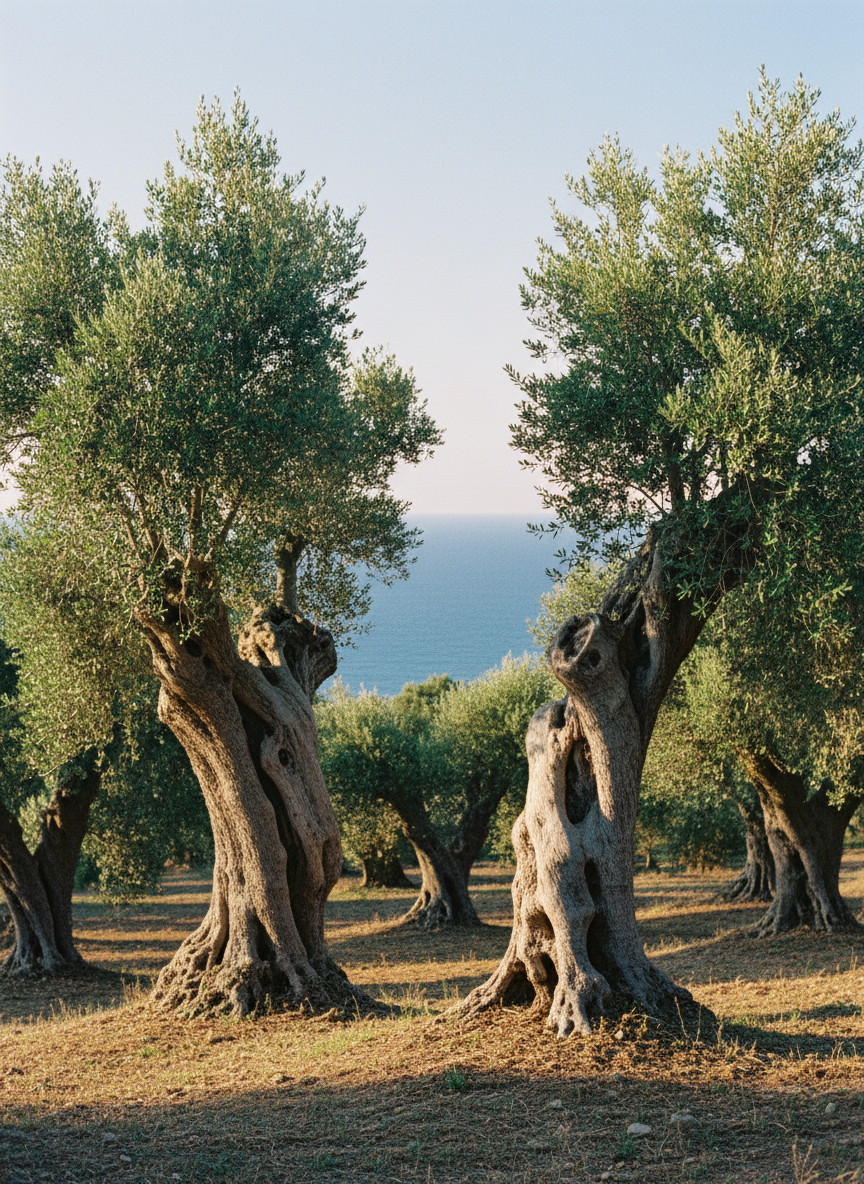 Photorealistic photograph taken from the Calabrian hills in southern Italy. Ancient, gnarled olive trees dominate the foreground — their massive twisted trunks hundreds of years old, bark deeply furrowed and silvery-grey. The foreground trees have thick, dense, lush canopies — full and heavy with silver-green leaves, richly folded and layered. The trees are unmistakably old, wild, and characterful. Beyond them, the deep blue Mediterranean Sea stretches to the horizon under a clear open sky. Late afternoon warm golden light. No people, no text, no buildings. Shot on medium format film, editorial travel photography, sharp foreground detail, atmospheric depth.